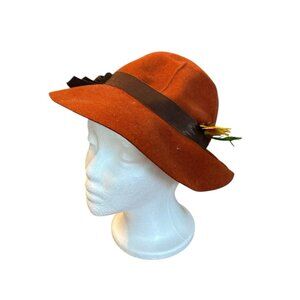 Vintage Jean Nedra Felt Fedora Hat Womens Rust Orange Feather 1940s 1950s READ